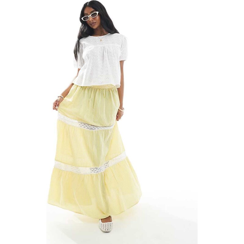 Wednesdays Girl gingham lace insert skirt in yellow 106459159