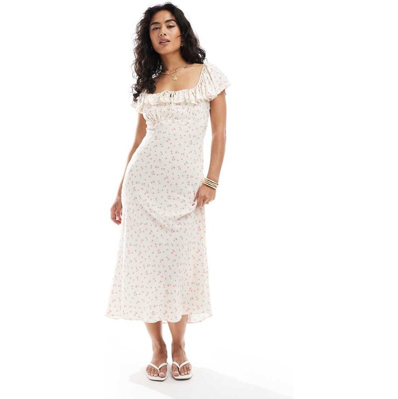 New Look square neck ditsy floral midi dress in cream-White