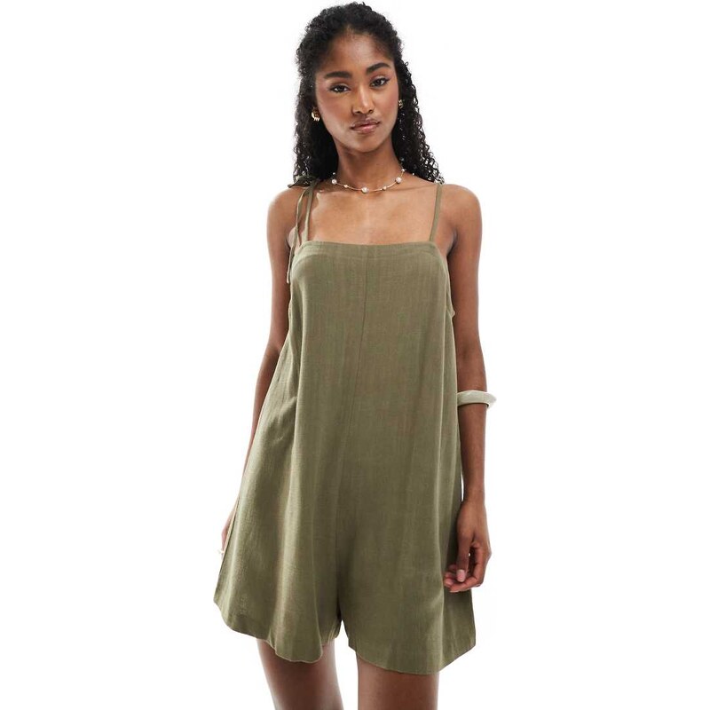 Miss Selfridge linen blend tie shoulder playsuit in khaki-Green