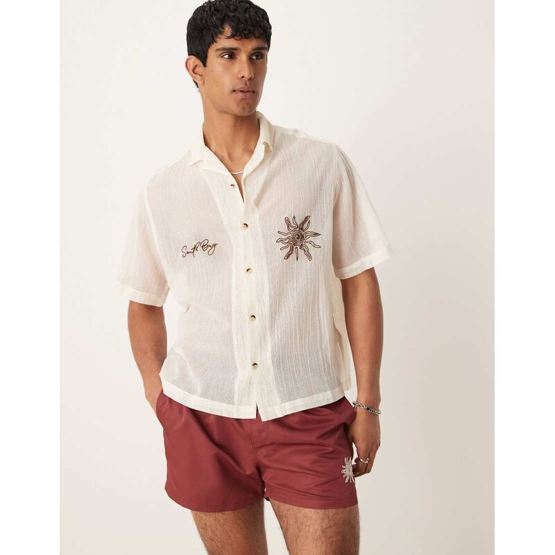 ASOS DESIGN co-ord boxy revere shirt with chest embroidery in cream-Neutral