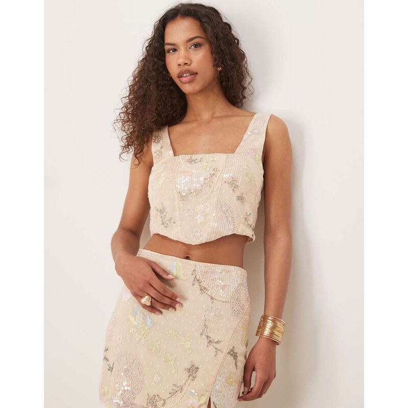 ASOS DESIGN embroidered & sequin co ord top in pink 115718665