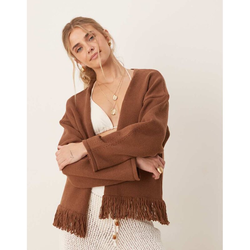 ASOS DESIGN knitted edge to edge cardigan with fringe detail in rust 106258910