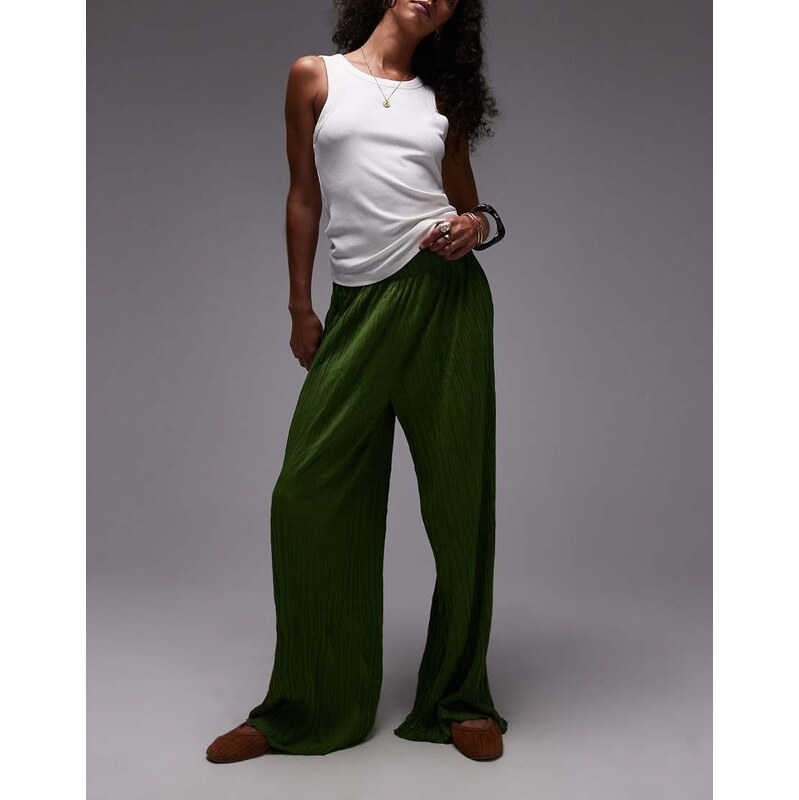Topshop crinkle wide leg trousers in olive green 115375937