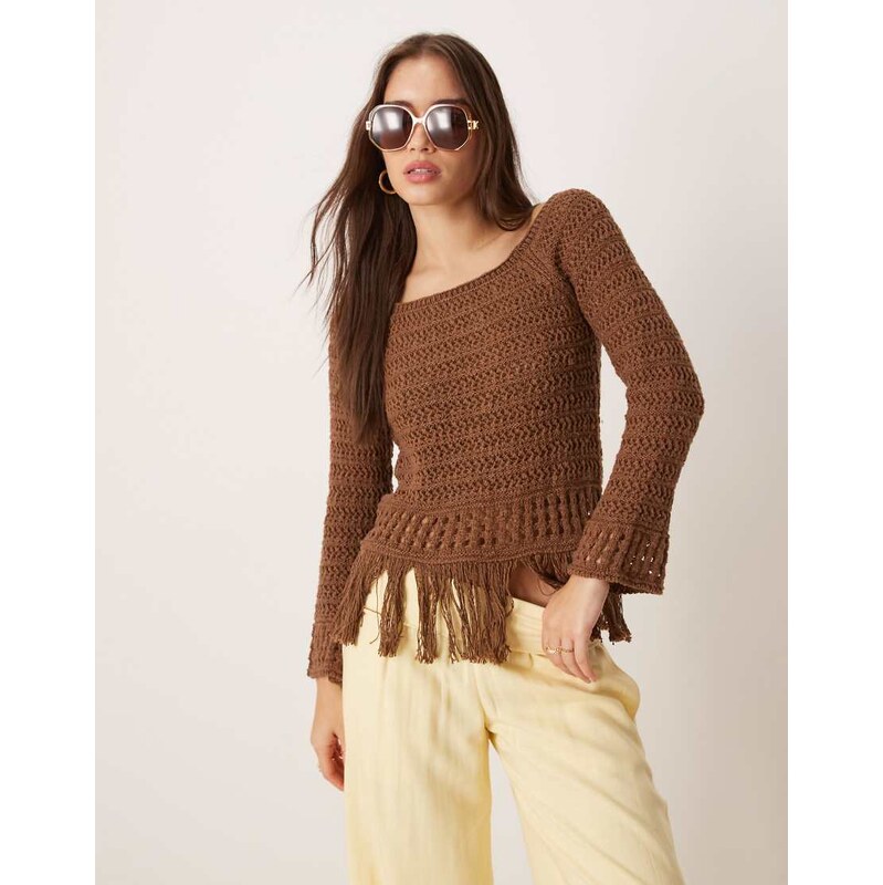 ASOS DESIGN crochet look off shoulder jumper with fringe hem in 106258994