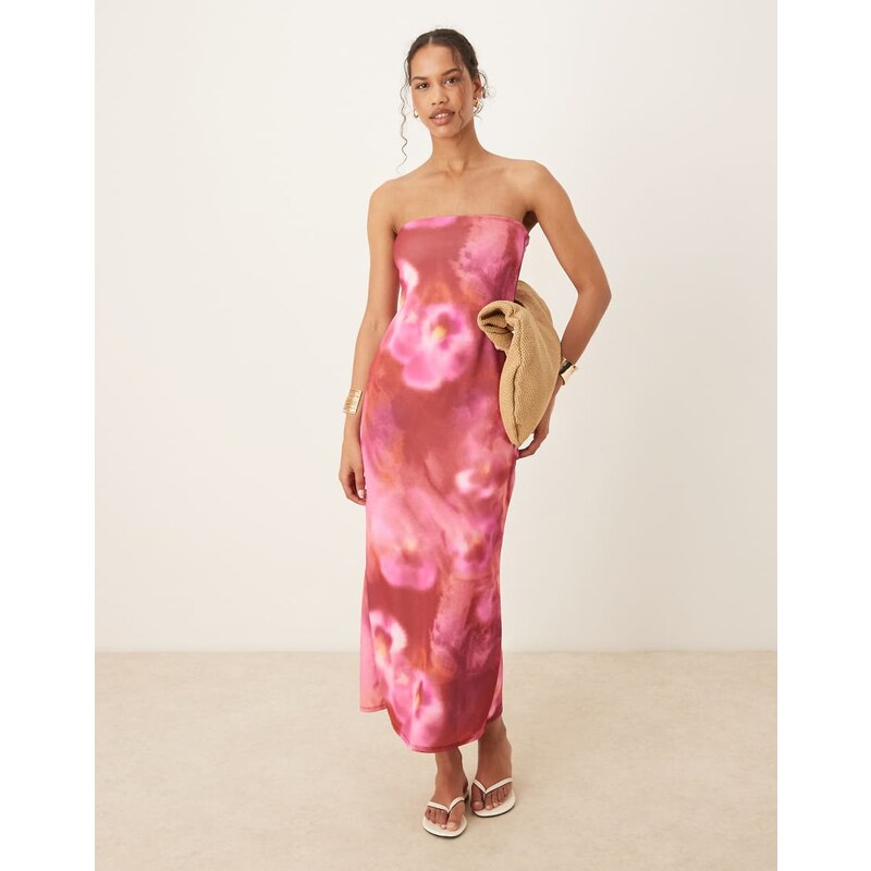 ASOS DESIGN bandeau midi dress in pink floral print in scuba