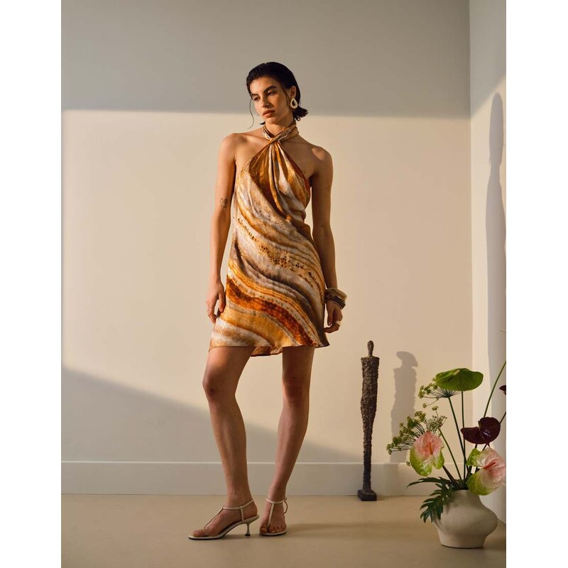 Topshop tie neck halter mini dress satin in blurred mineral