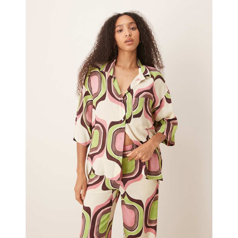 Mango abstract retro geometric print boxy fit shirt co-ord in beige 106261429