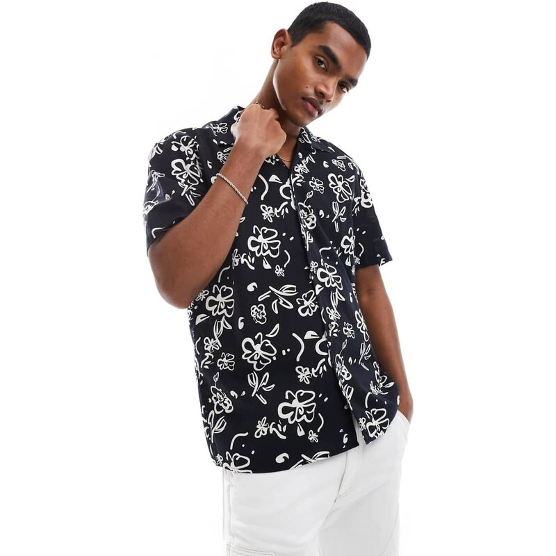 Selected linen mix revere collar shirt with print in black