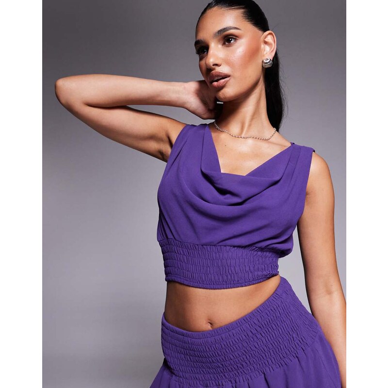 Missyempire chiffon cowl neck shirred top co-ord in purple 113261407