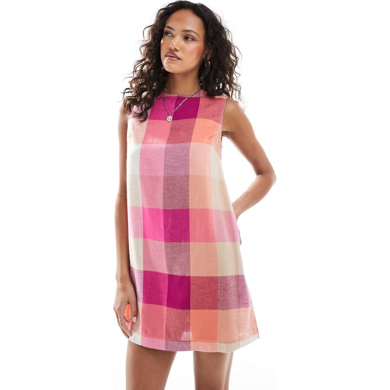 Native Youth check mini linen shift dress in pink multi 106266332