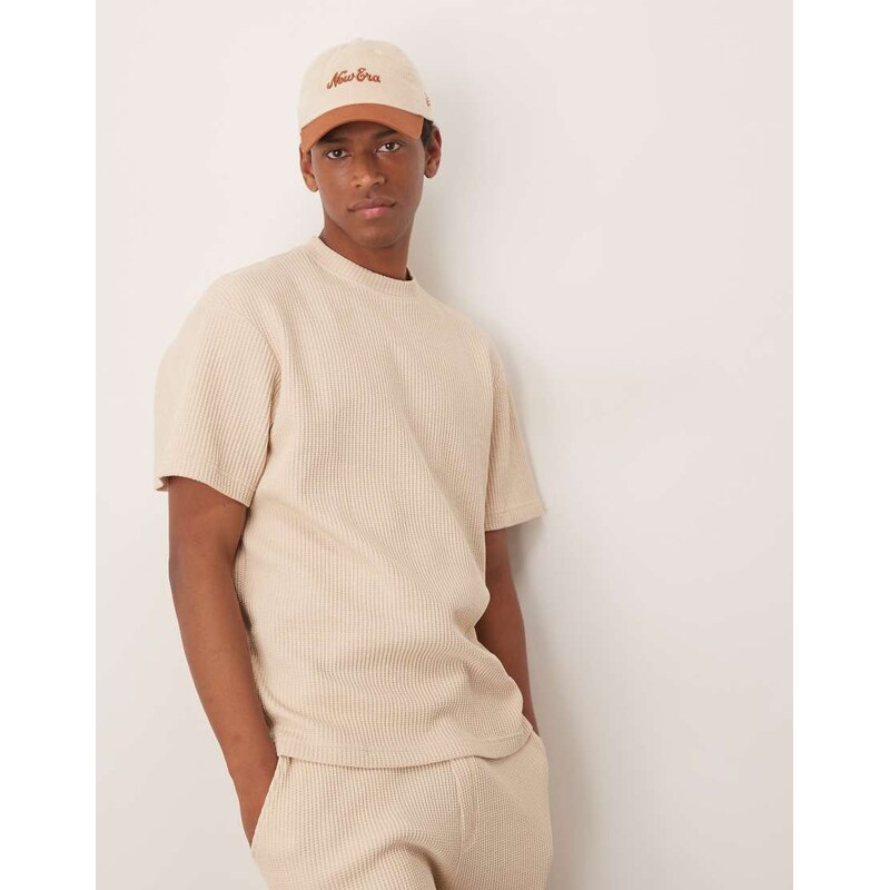 Selected co-ord oversized waffle t-shirt in cream-White