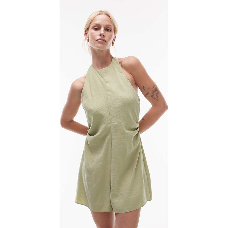 Topshop halterneck playsuit in cupro olive-Brown 106266453