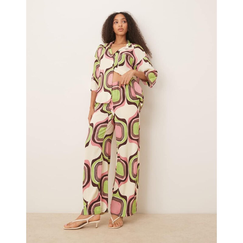Mango wide leg abstract retro geometric print trouser co-ord in beige 106266513
