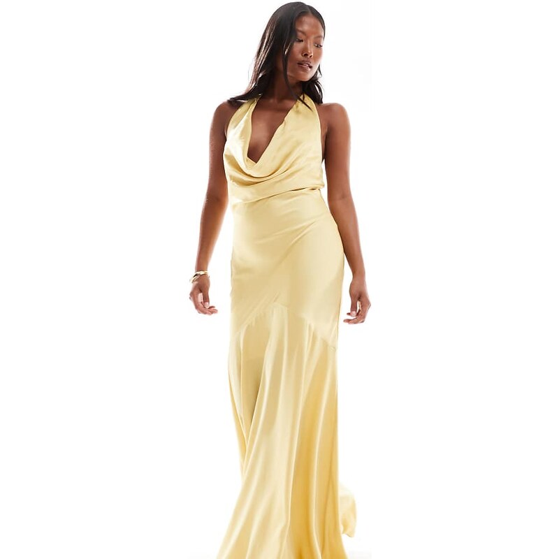 TFNC Petite Bridesmaids cowl halterneck satin maxi dress in