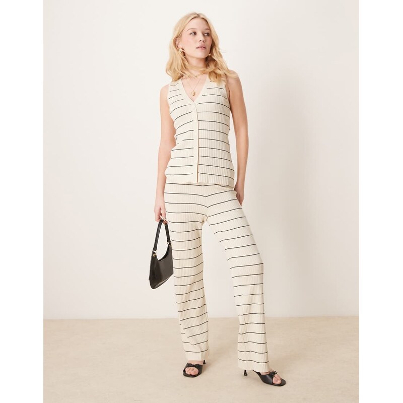 Pretty Lavish stripe knit trouser co-ord in cream & black 106378408