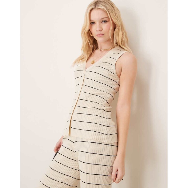 Pretty Lavish stripe knit waistcoat co-ord in cream & black 106367956