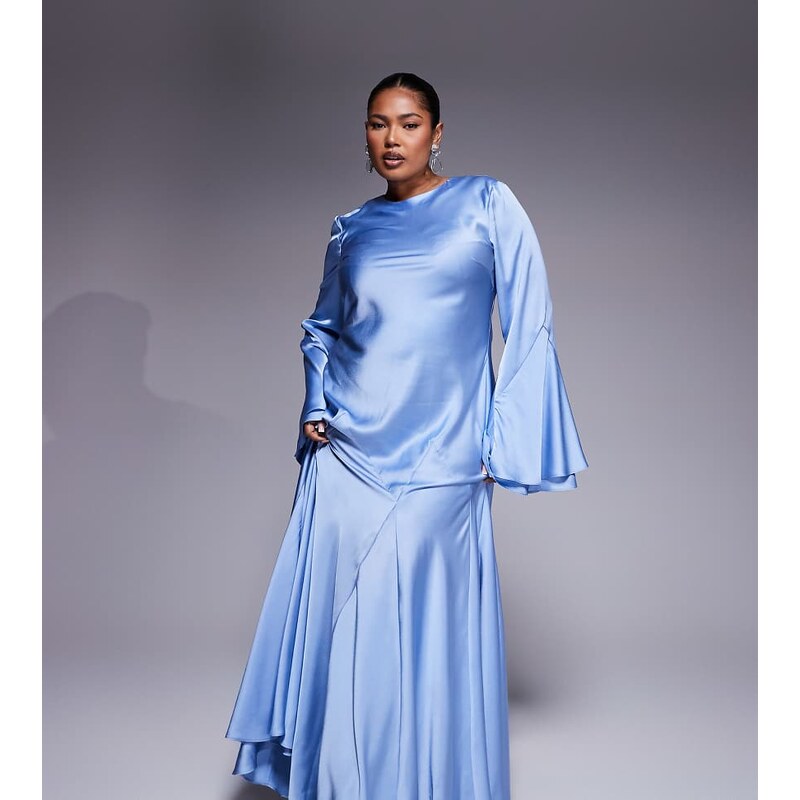 ASOS Curve ASOS DESIGN Curve long sleeve satin maxi dress with full 106731787
