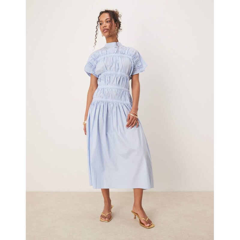 Ghospell high neck ruched midi dress in blue