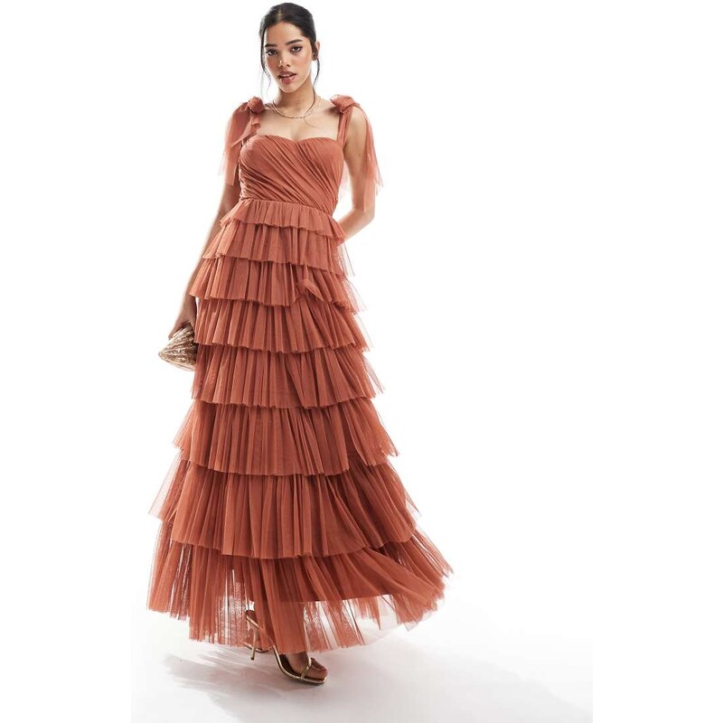 Lace & Beads bow shoulder tulle maxi dress in terracotta-Brown 106272292