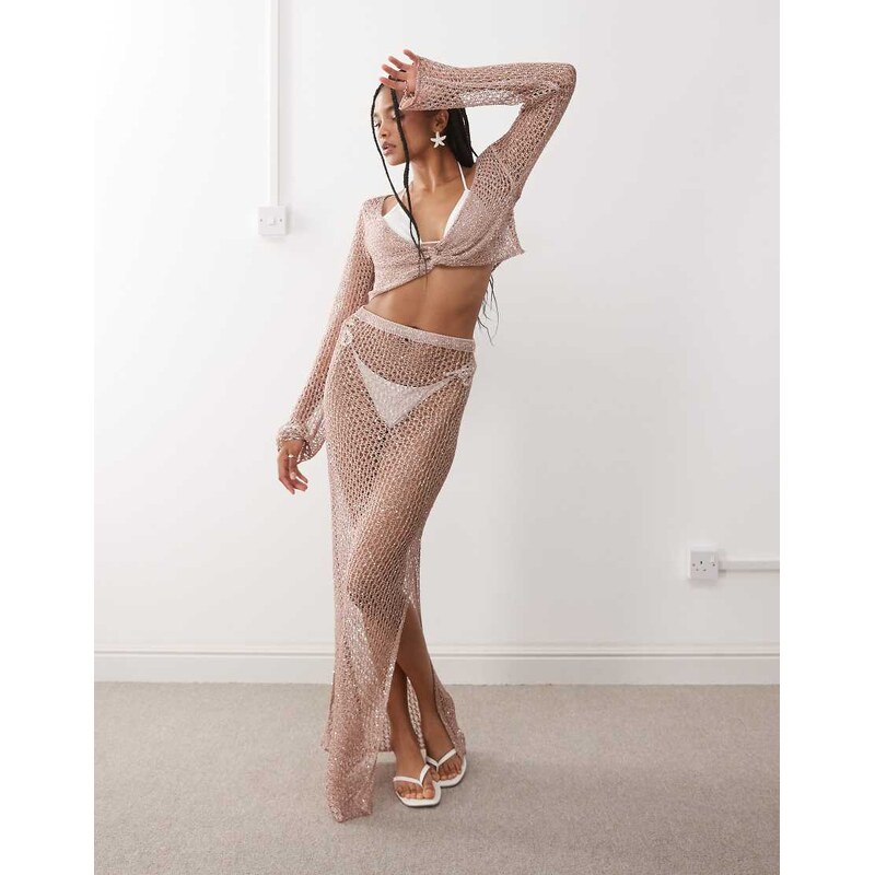 Miss Selfridge beach sequin crochet maxi skirt in dusty pink-Brown 106717439