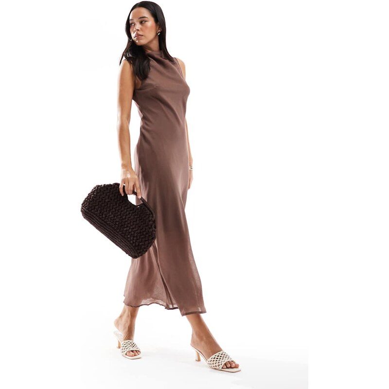 Brave Soul sleeveless high neck midi dress in mocha brown 106345598