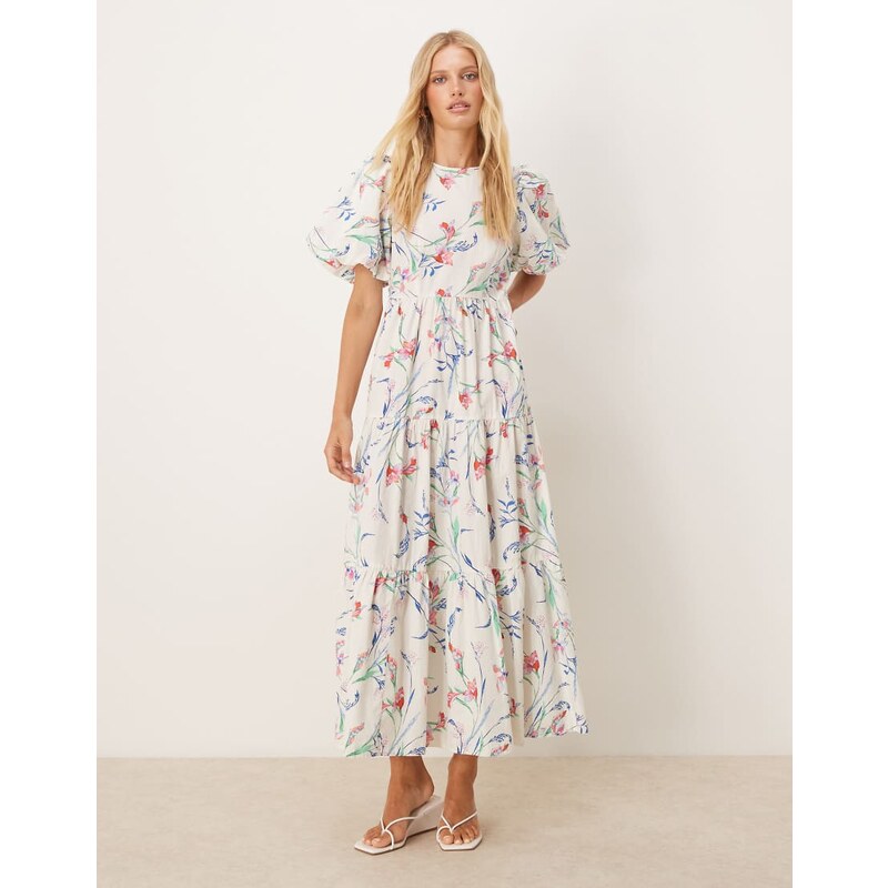YAS puff sleeve floral midi dress in cream-White 106276124