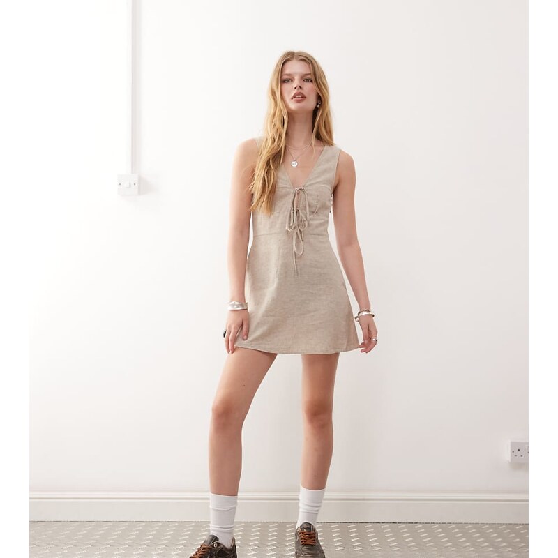 Monki linen mini dress with tie front detail in white exclusive