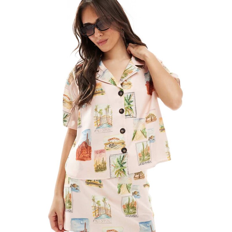 ASOS DESIGN shirt co-ord in postcard print-Multi