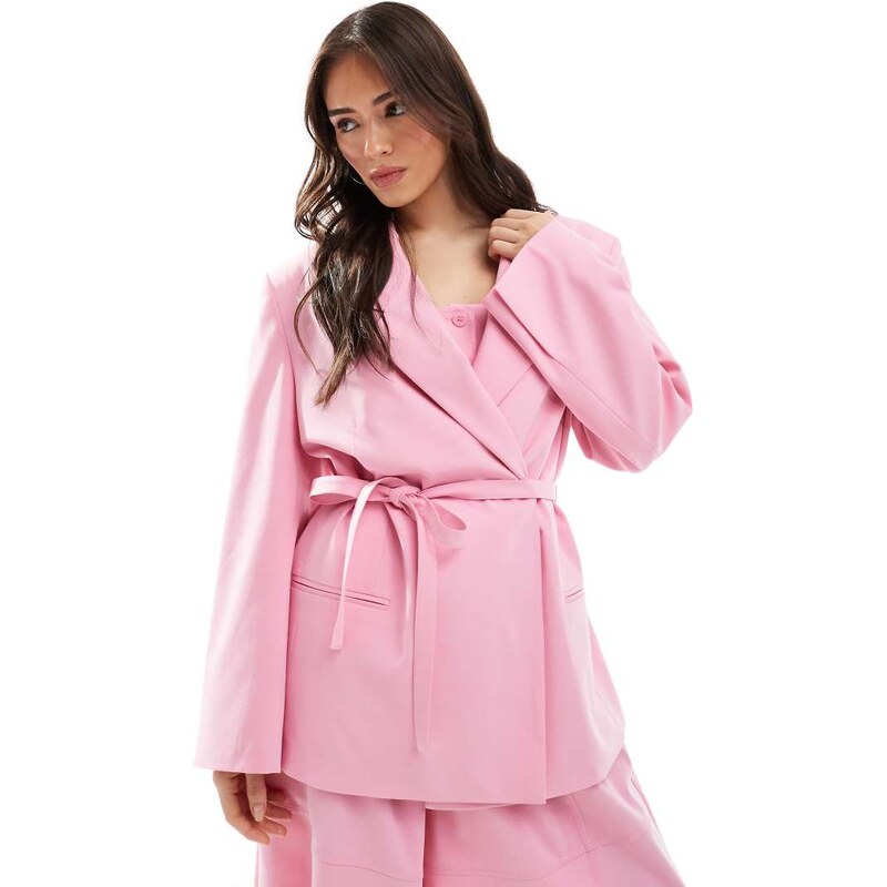 ASOS DESIGN tailored oversized tie waist blazer in pink co ord 106276253