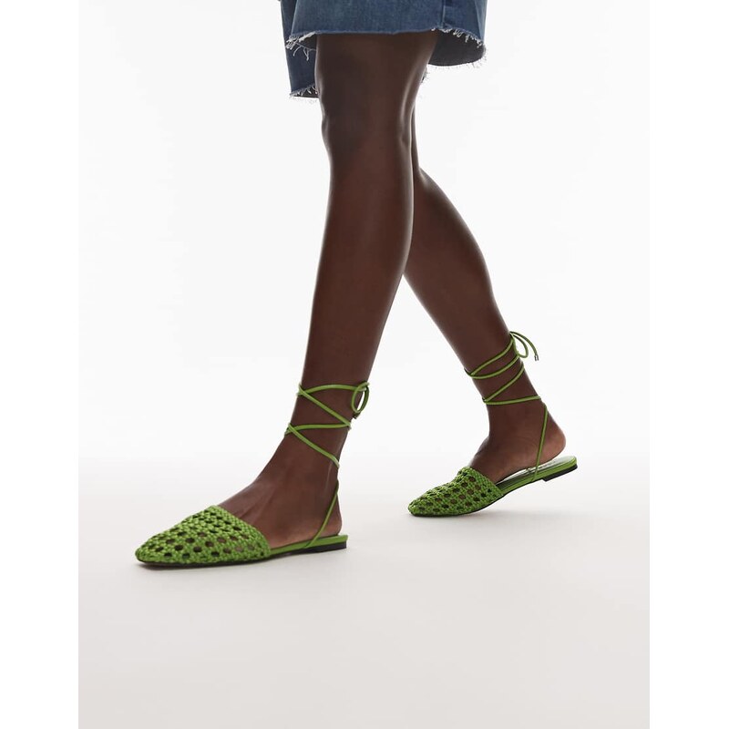 Topshop Arri woven tie up flat shoe in green 115510390