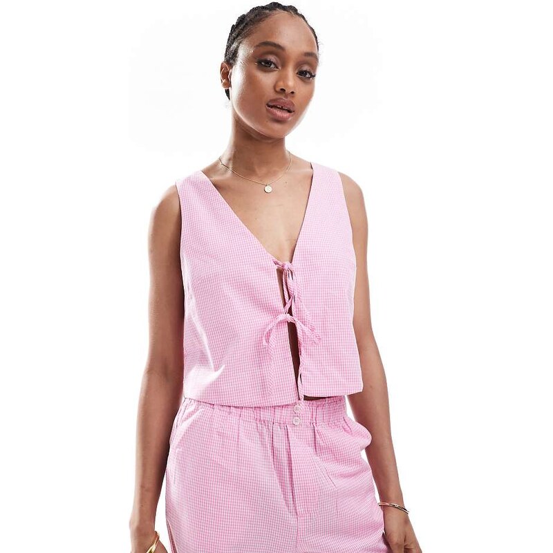 ONLY Tall tie front top co-ord in pink gingham 106277486