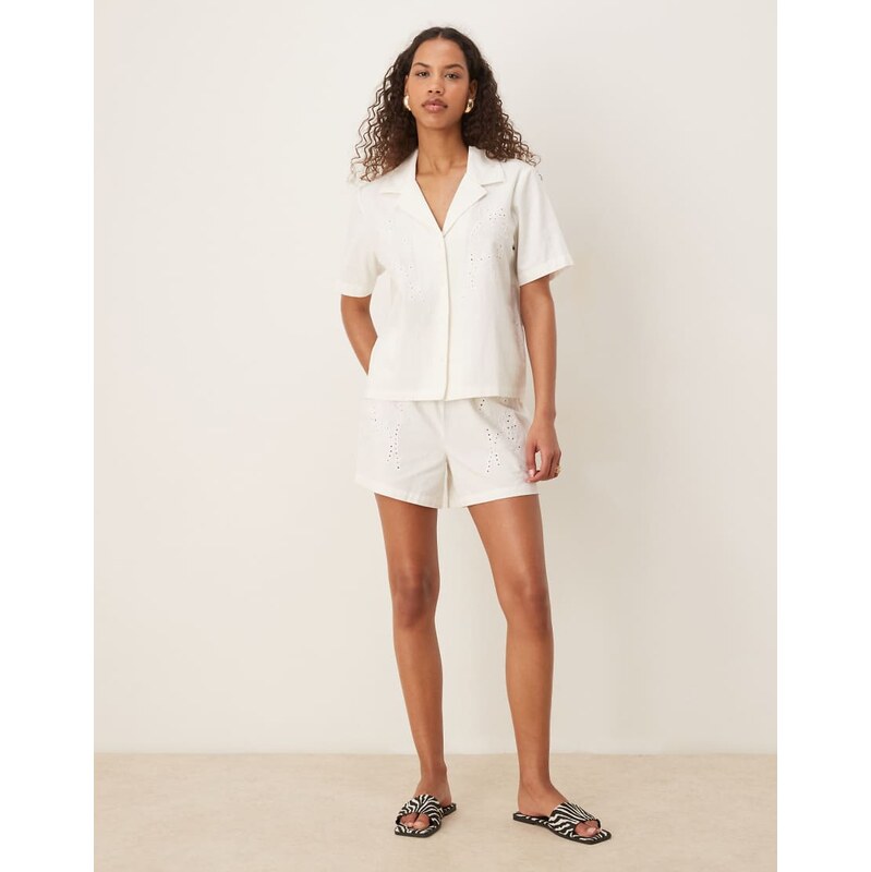 JDY relaxed pull on shorts in white broderie co-ord 106277568