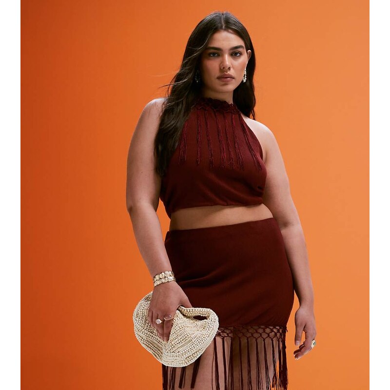 ASOS Curve ASOS DESIGN Curve co-ord fringed halter neck top in rust 106277598