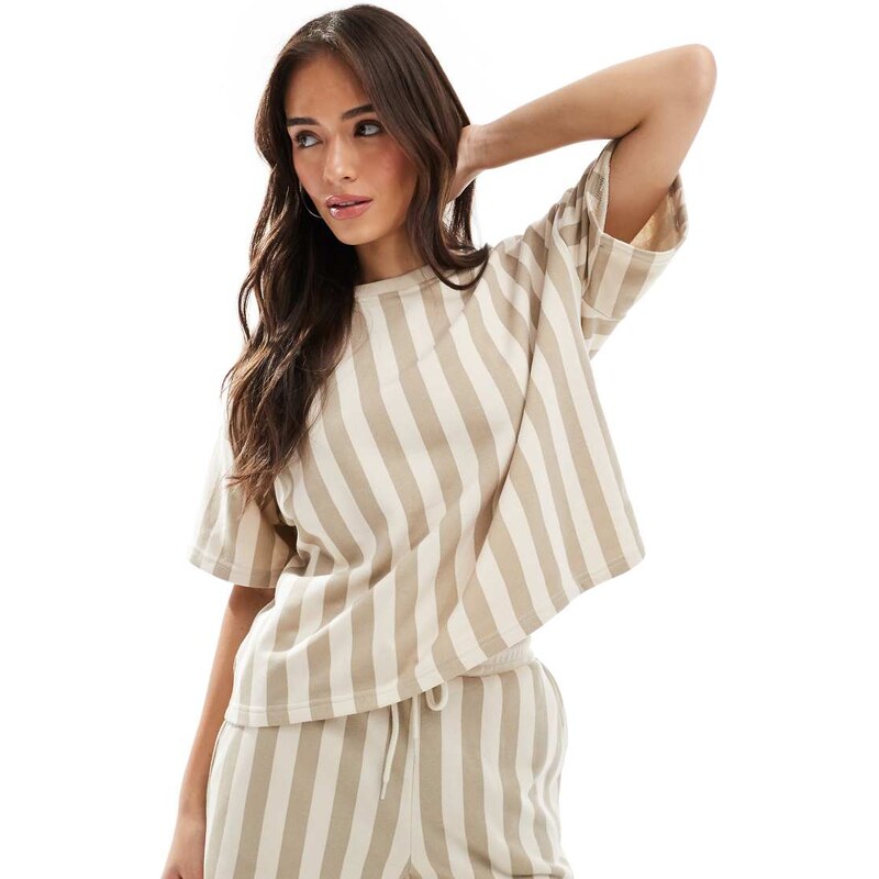 Pieces striped sweat t-shirt co-ord in beige-Neutral 115440962