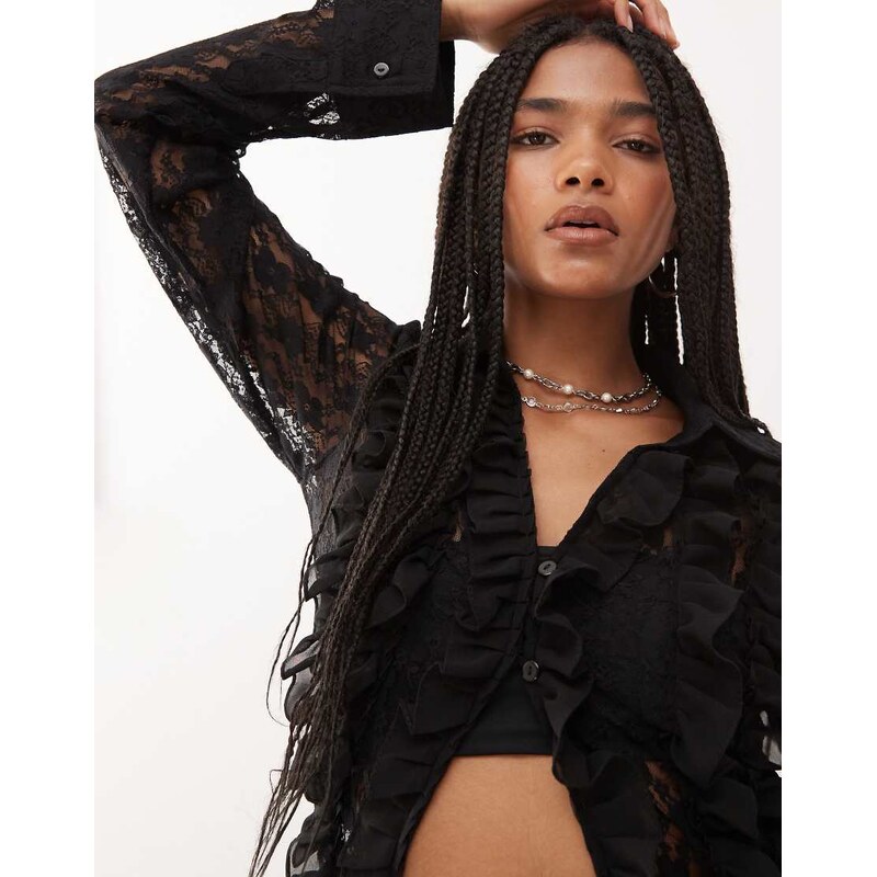 Amy Lynn frill detail lace shirt in black 106277723