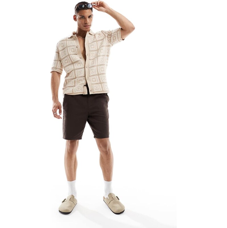 ONLY & SONS linen mix tie waist shorts in brown