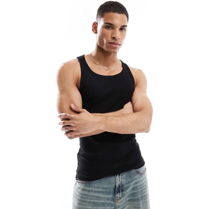 New Look muscle fit rib vest in black