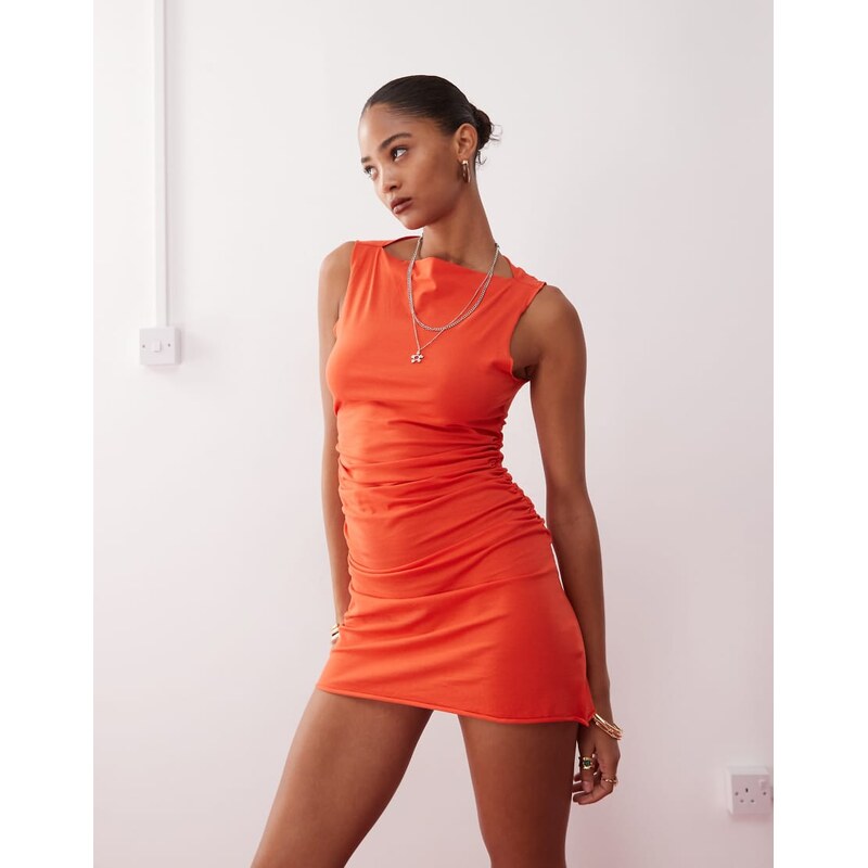 Monki boat neck mini dress with ruched sides in red