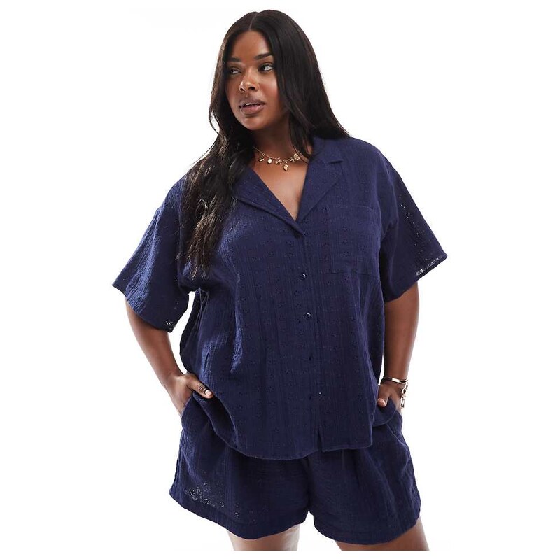 ASOS Curve ASOS DESIGN Curve broderie revere collar co-ord shirt in 115733407