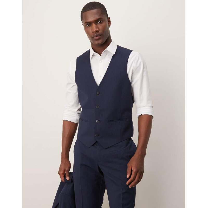 ASOS DESIGN wedding slim suit waistcoat in navy pinstripe