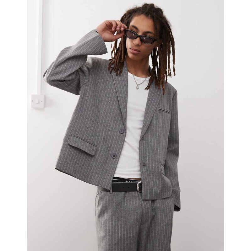 COLLUSION boxy pinstripe blazer co-ord in stone-Neutral
