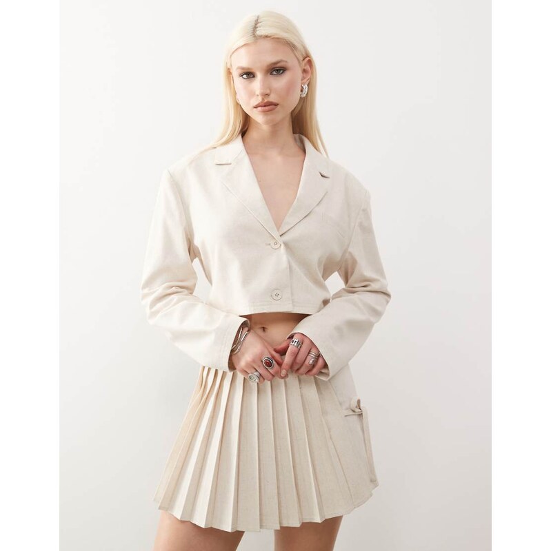 COLLUSION cropped tie back woven blazer in stone - STONE-Neutral 106711094