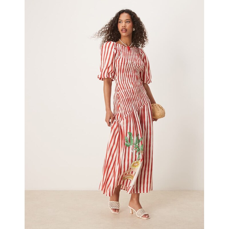 Never Fully Dressed stripe cotton midaxi dress in seahorse print-Red 115733419