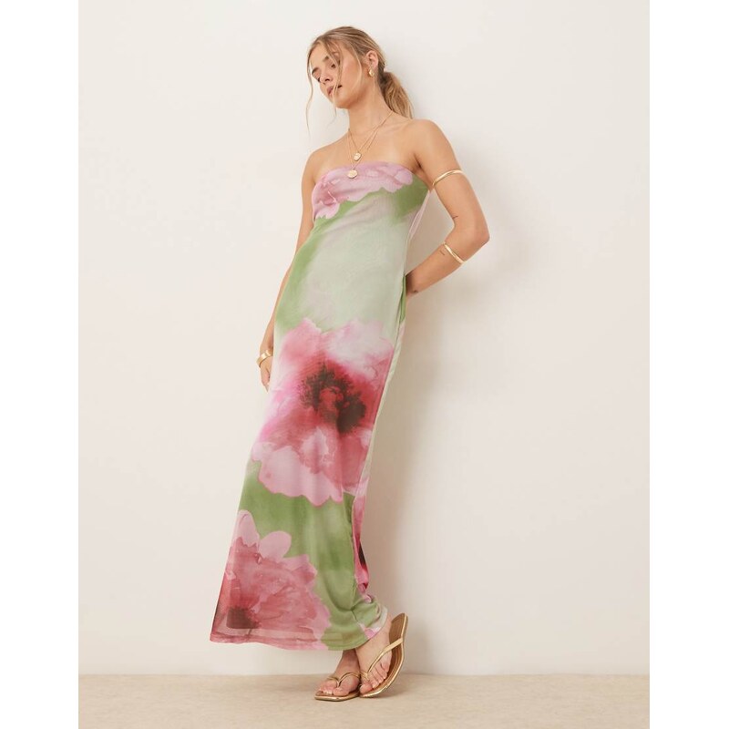 ASOS DESIGN mesh bandeau midi dress in floral blur print-Multi