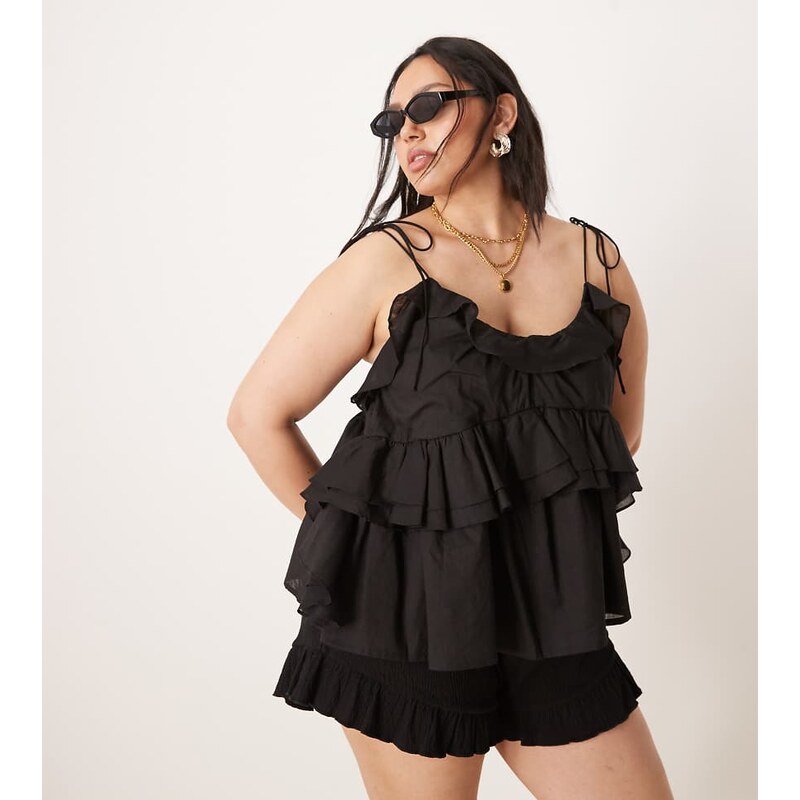 ASOS Curve ASOS DESIGN Curve ruffle cami top with tie straps in black 115510440