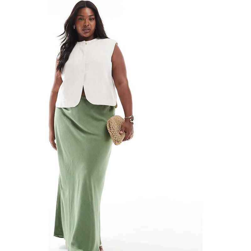 ASOS Curve ASOS DESIGN Curve linen blend bias maxi skirt in khaki 115029819