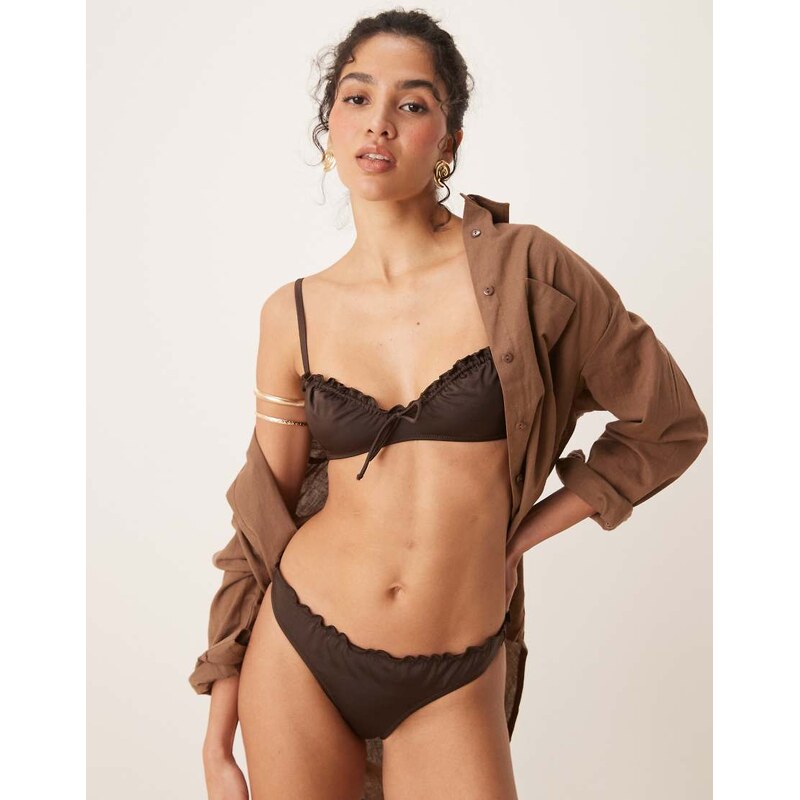 Free Society ruched bikini top in dark brown 106280947