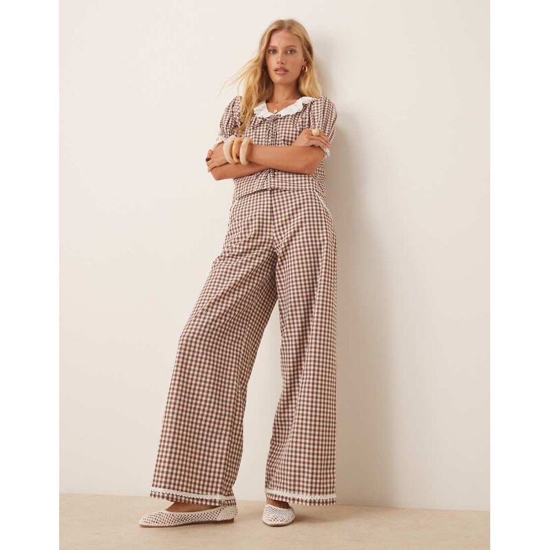 Neon Rose wide leg gingham trousers co-ord in brown