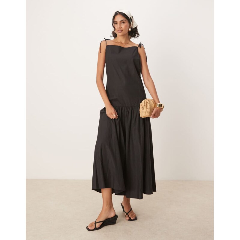 Ghospell bow shoulder midi dress in black 106281085