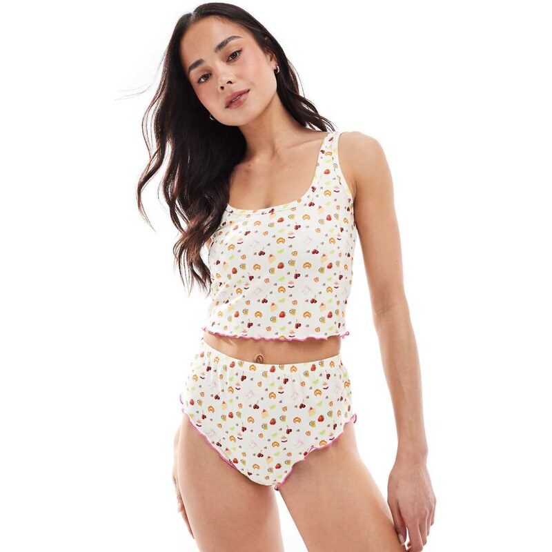 Loungeable baby waffle vest and knicker pyjama set in fruit print 106291396